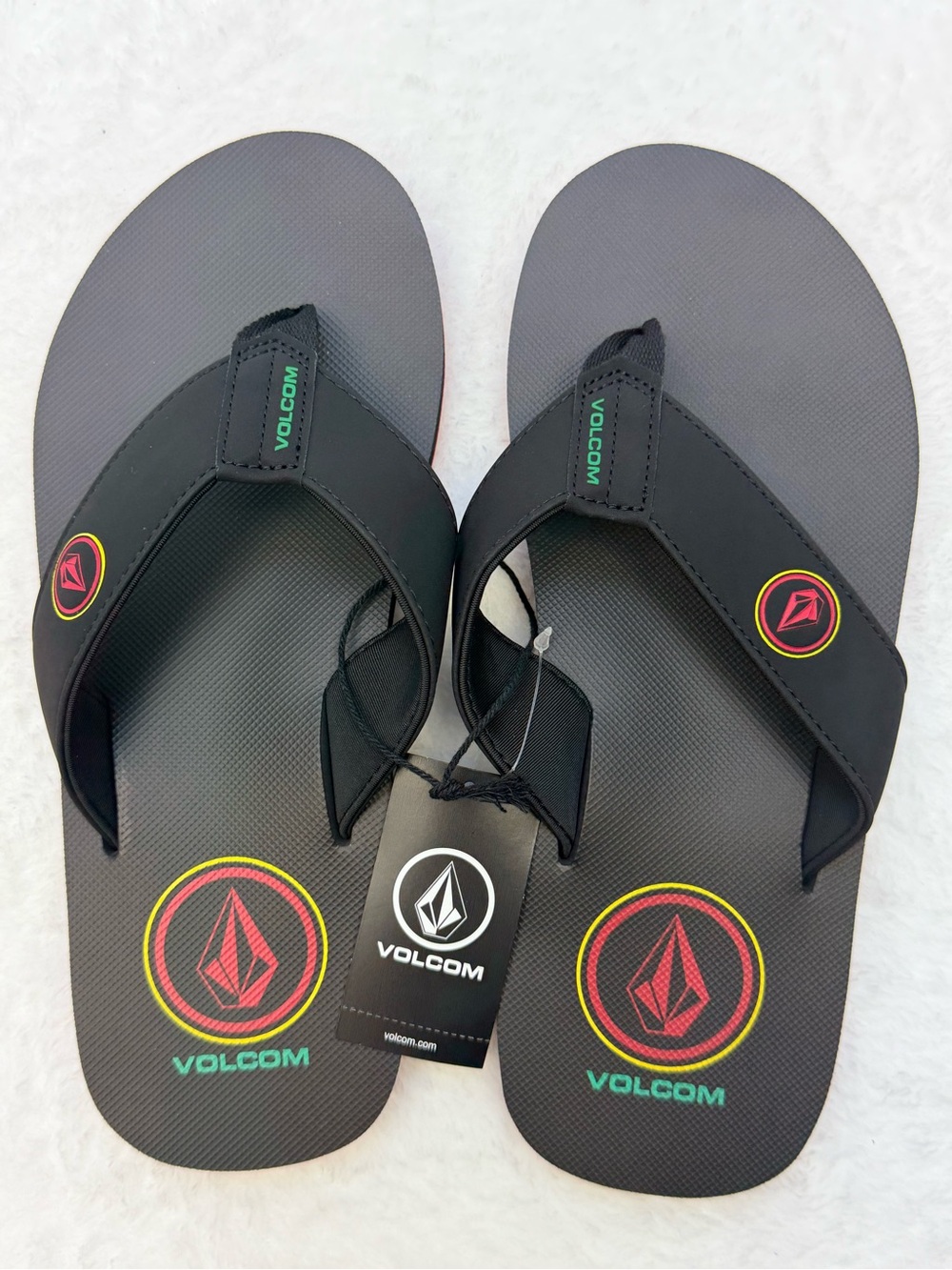 Volcom Men’s Black Thong Flip Flops Sandal with Red, Green & Yellow Logo Accents